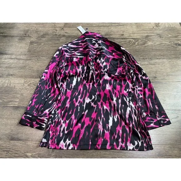NWT Women New York & Company Stretch Button Up Tie Waist Satin Cheetah Pink Sz M - Picture 3 of 10